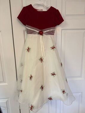 Bonnie Jean Red and Cream Floral Embroidered Party Dress